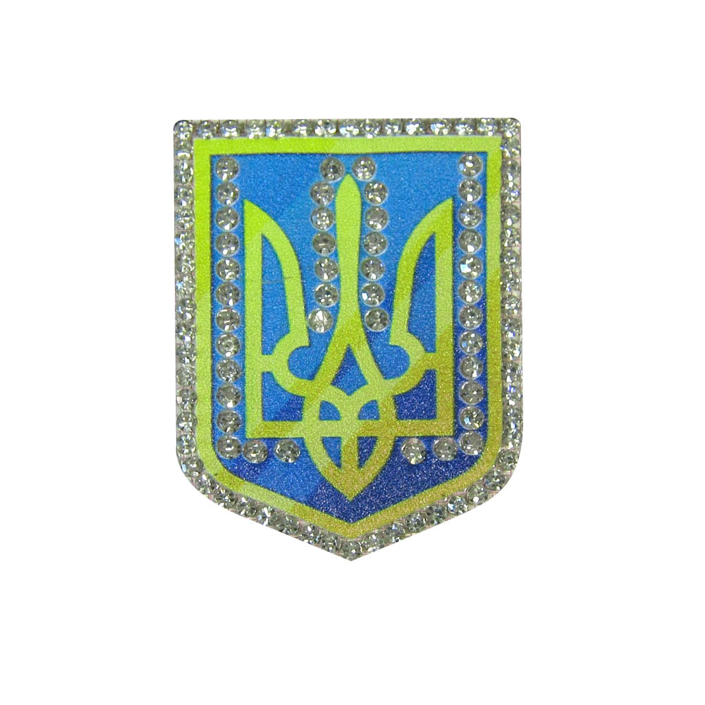 Аппликация клеевая кожзам стразы Украина Герб 38*50мм синий, желтый, белые камни, шт. Аппликации клеевые Кожзам