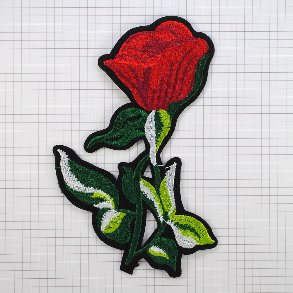Аппликация клеевая вышитая Роза на стебле 16*11см черный, красный, белый, зеленый. Аппликации клеевые Вышивка