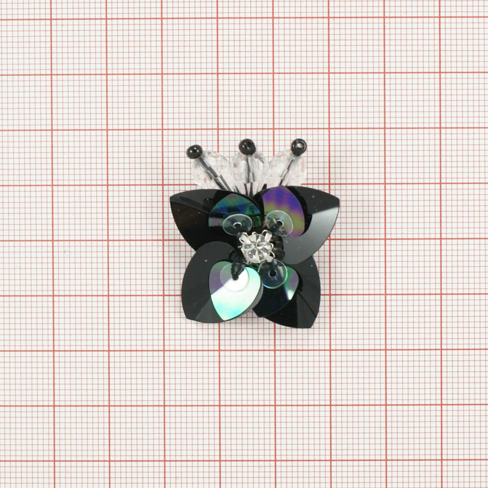 Аппликация пришивная фигурная Цветок лотоса из пайеток 35*30мм черная, пайетки хамелеон, шт. Аппликация Разное