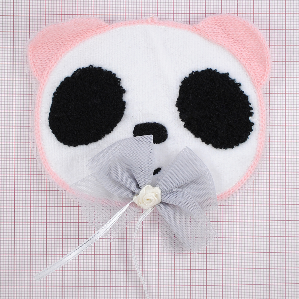 Аппликация вязаная пришивная Панда с бантом, 15*14,5см, белый, черный, розовый, шт. Аппликации Пришивные Кружевные Вязаные