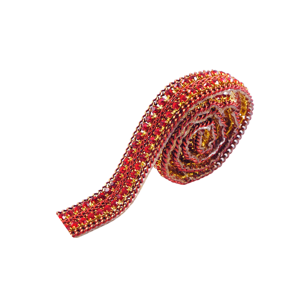 Тесьма стразы клеевые J14-1,1см красная, золото с красными камнями, ярд. Тесьма из страз
