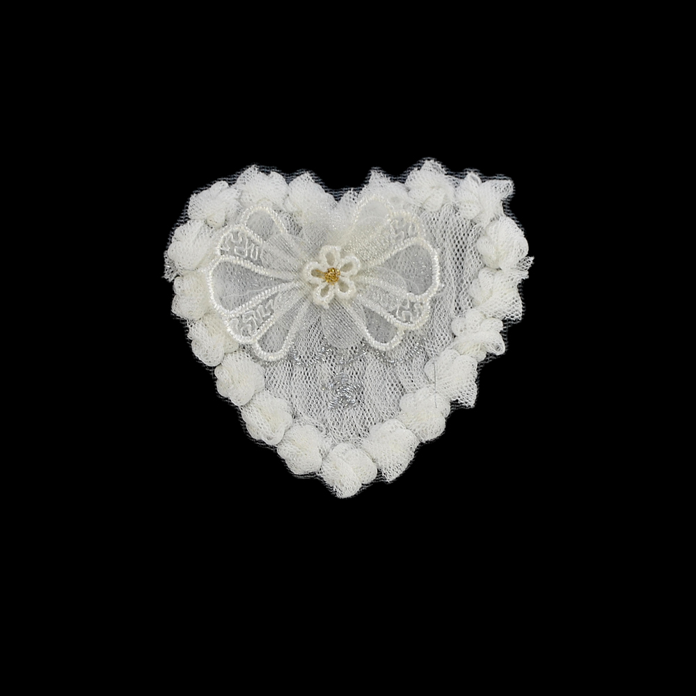 Аппликация кружевная пришивная Сердце, 7,5*7см, белый, серебро, шт. Аппликации Пришивные Кружевные Вязаные