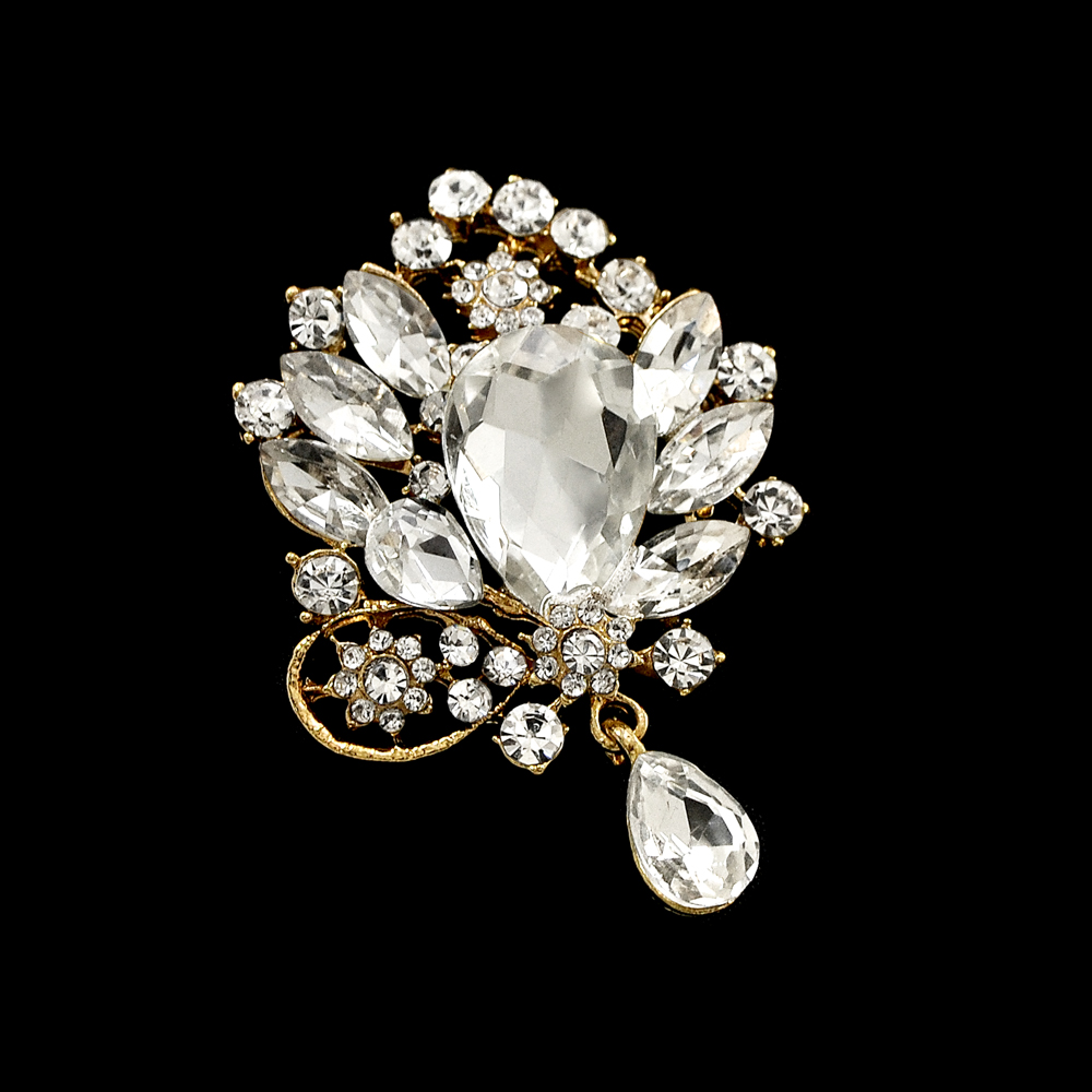 Брошь с камнями Цветок, 3,8*5,5см, золото, белый, шт. Броши