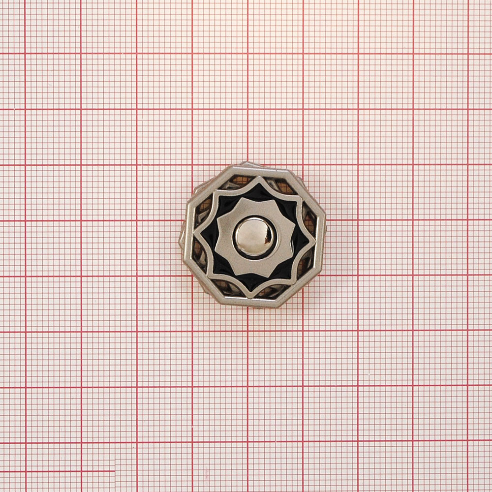 Кнопка металлическая пришивная потайная Восьмигранник 25мм, матовый никель и черный, шт. Кнопка пришивная потайная