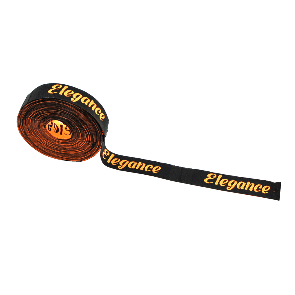 Этикетка тканевая вышитая Elegance №13, 1,2*6,6см черная, оранжевый лого /70 atki/ . Вышивка / этикетка тканевая