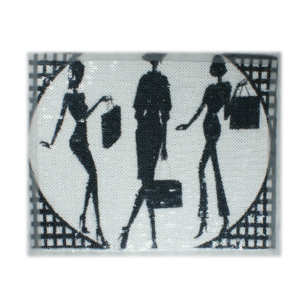 Аппликация пришивная пайетки Девушки с сумками 17,5*21см черно-белый рисунок, шт. Аппликации Пришивные Пайетки