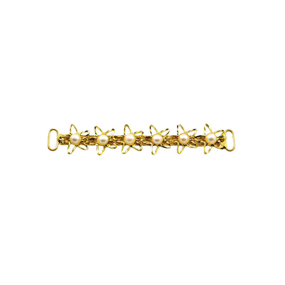 Укр.стекл.  9887 перетяж. 8,3*1,2см GOLD, 6 металл.звезд, камни-жемчуг, на цепи. Перетяжка металл со стразами