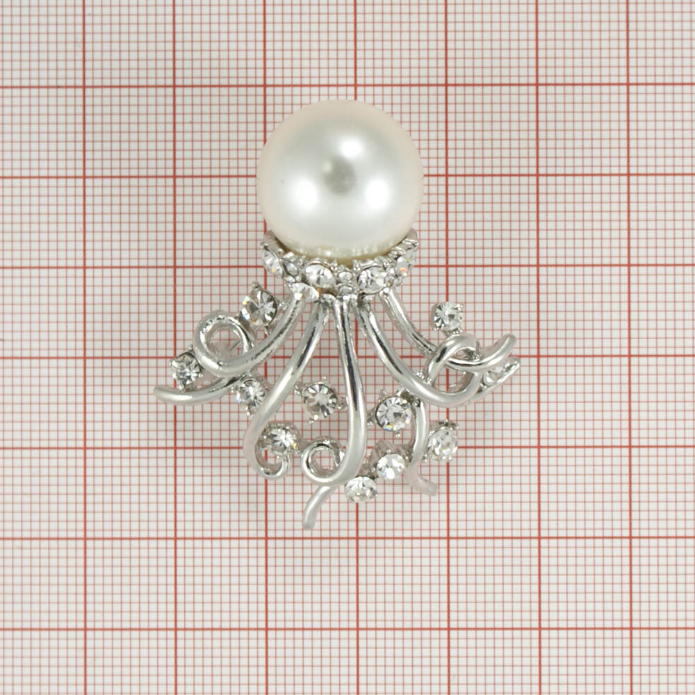 Брошь Медуза Жемчужина NIKEL, серый жемчуг, белые камни, шт . Броши