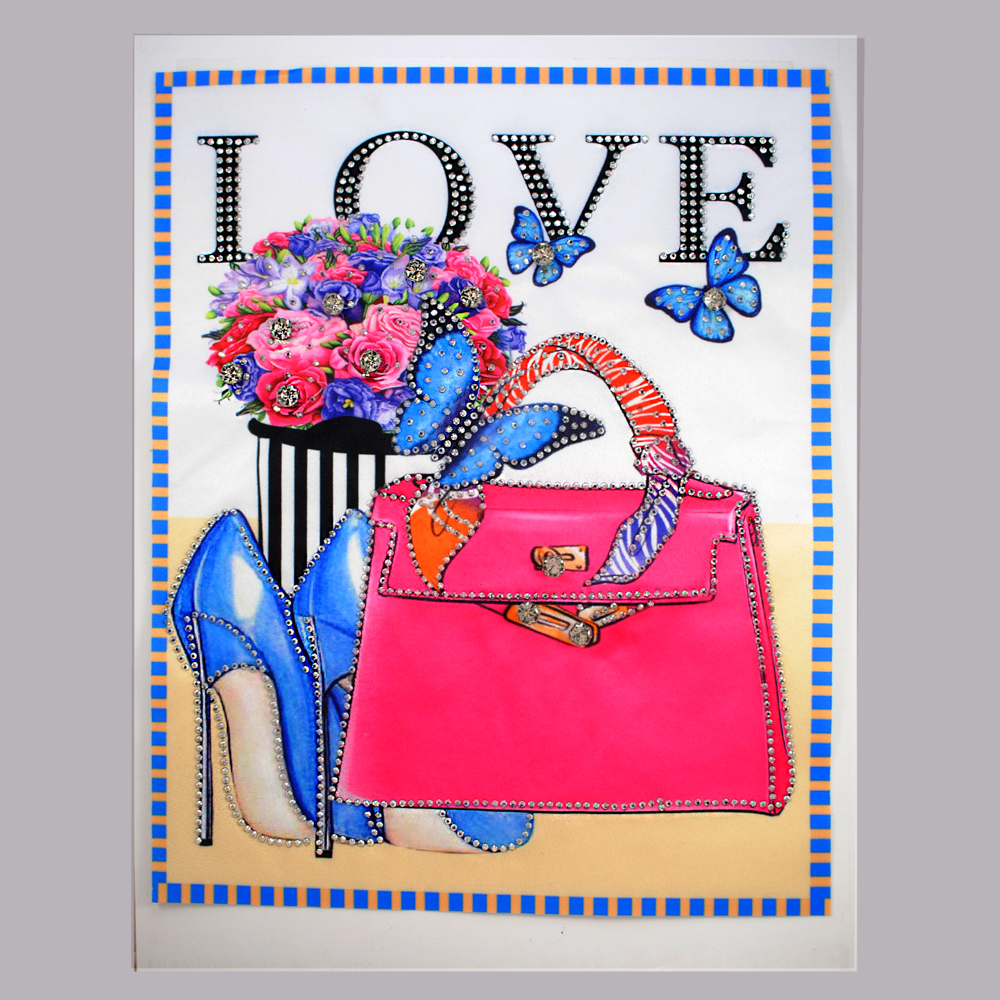 Аппликация приш. Сумка и туфли Love, 19*23,9см, роз., син., бел., стразы, шт. Аппликации Пришивные Постер