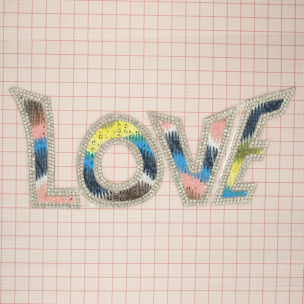 Аппликация клеевая стразы LOVE 20*8,5мм цветной, белые камни, шт. Аппликации клеевые Стразы комб.