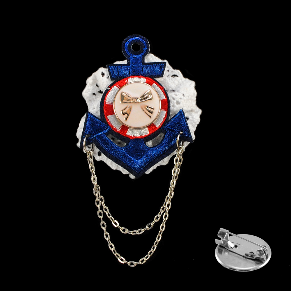 Брошь № 02 синий якорь, белое кружево, пуговица эмаль, шт. Броши