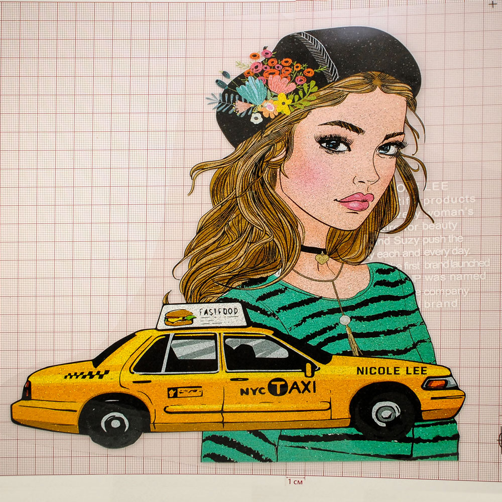 Термоаппликация Девушка, Такси 26*23,7 см, розовый, желтый, зеленый, коричневый, черный, шт. Термоаппликации Накатанный рисунок