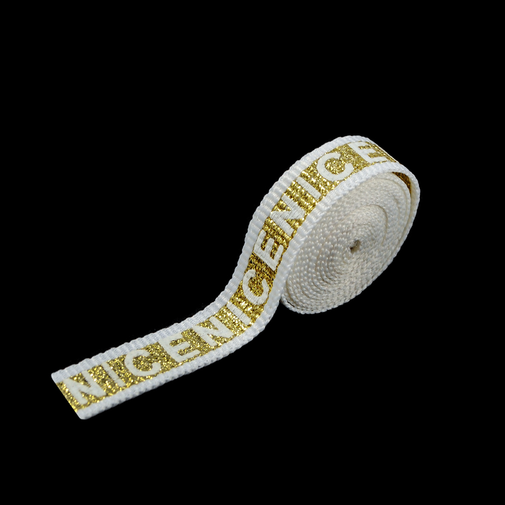 Тесьма репсовая с вышивкой NICE 1см, белый лого, золотой люрекс, 50 ярд. Тесьма