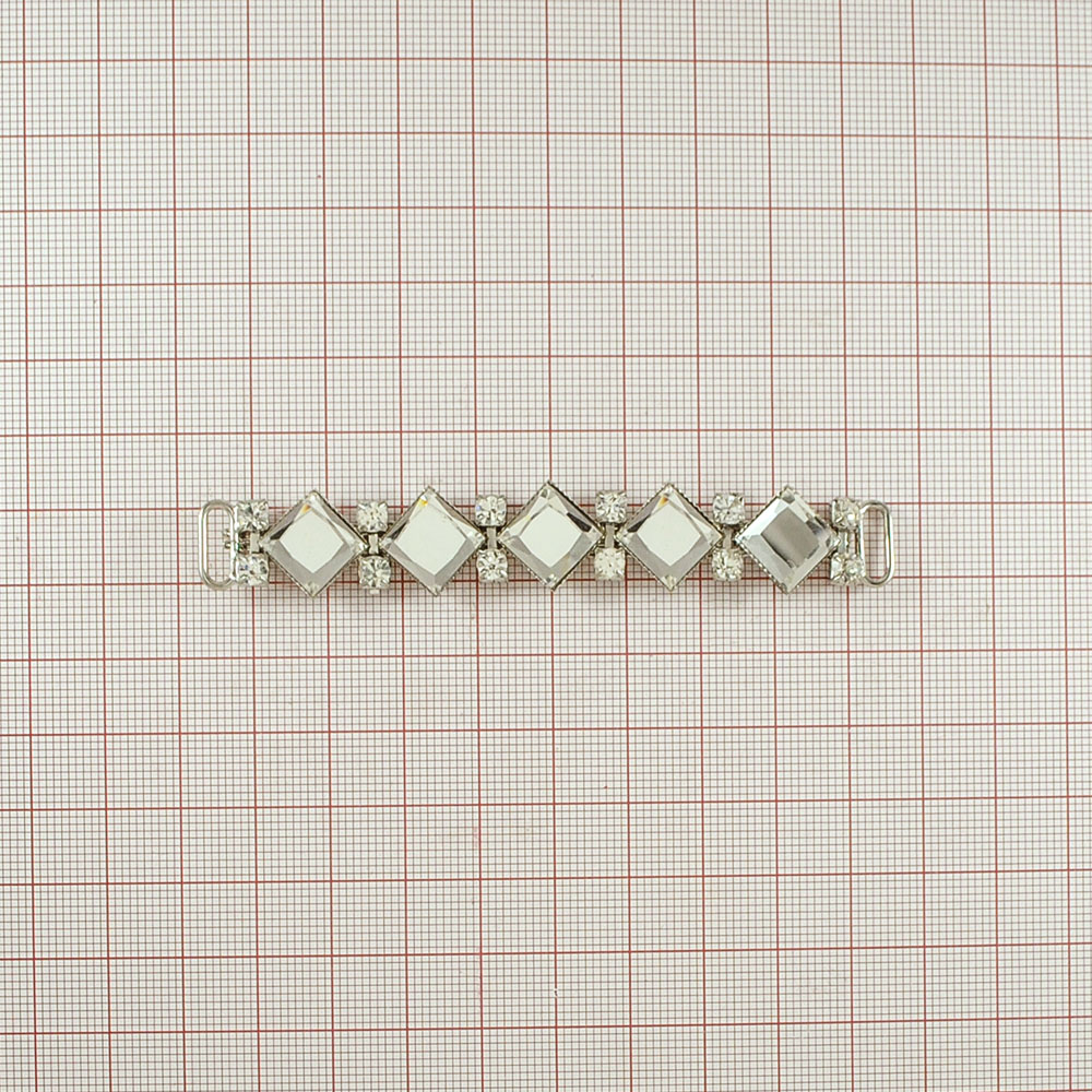 Укр.стекл.  9913 перетяж. 9*1,4см NIKEL, 5 квадратн.камней желт.хамелеон, 6 пар бел.камни. Перетяжка металл со стразами