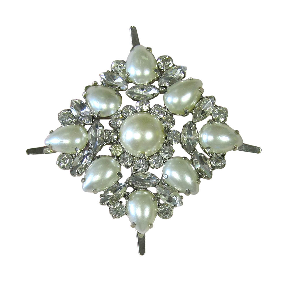 Краб металл Вспышка NIKEL, белые камни, белый жемчуг /50*50мм. Крабы Металл Геометрия Декор