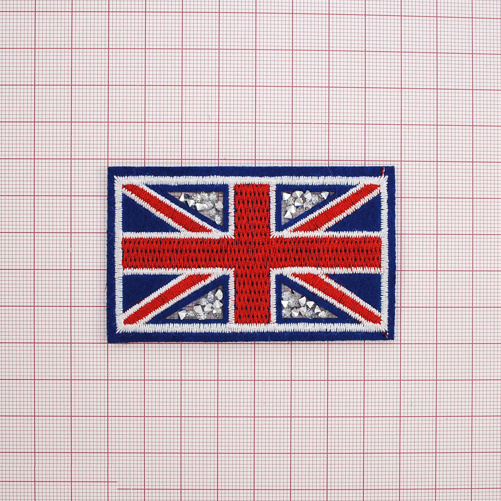 Аппликация клеевая стразы Флаг Великобритании 5*8см красный, белый, синий, камни белые, шт. Аппликации клеевые Стразы
