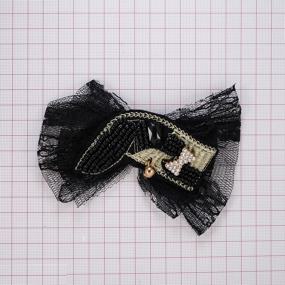 Аппликация декор №159 Бант черн. сетка, черн. флиз., черн. бисер, бант камни, зол. шарик. Аппликация Декор