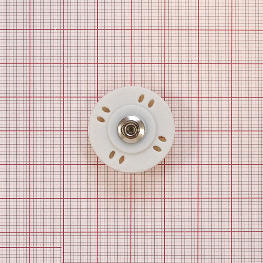 Кнопка пластик пришивная потайная Круглая 8 отверстий 25мм, белый пластик и металл никель, шт. Кнопка пришивная потайная
