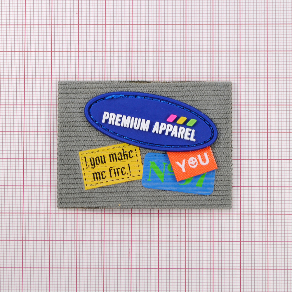 Лейба ткань и резина Premium Apparel, 6,5*4,5см, сер., оранж., син., желт., шт. Лейба Ткань