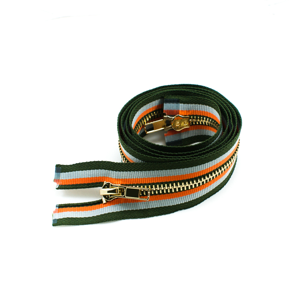 Змейка металлическая №5 120см, О/Е, Gold и хаки, серая, оранжевая полоска ткань, двусторонняя, шт. Змейка Металл