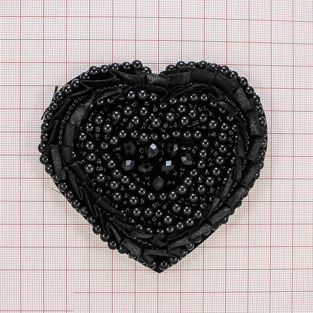Аппликация декор FY-001 Сердце черный, бусины, бисер. Аппликация Декор