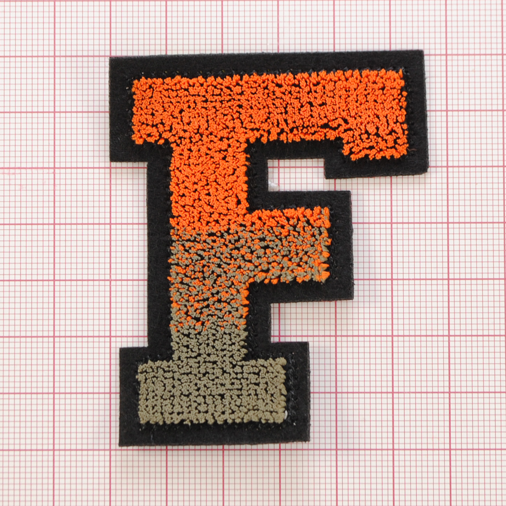 Нашивка махровая Буква "F", 6,9*5,5см, оранжевый, черный, серый, шт. Нашивка Махровая