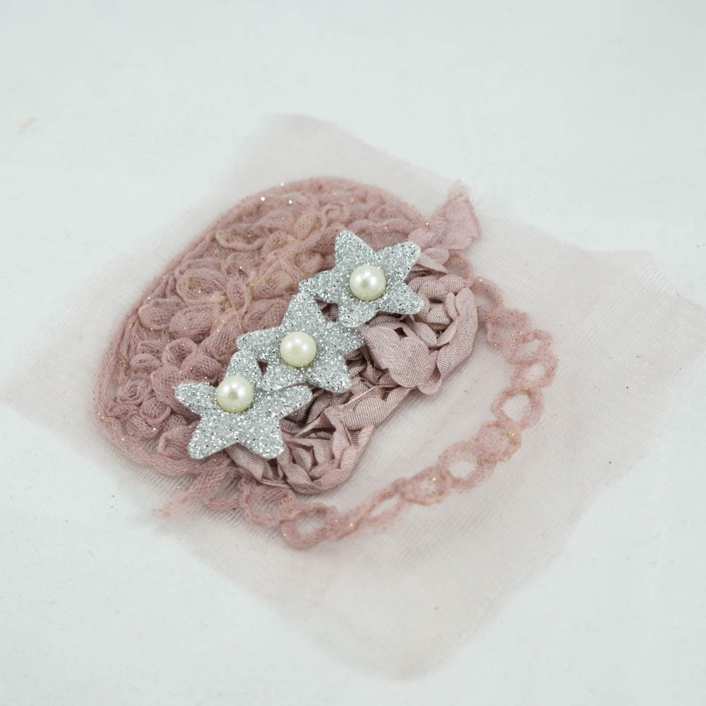 Аппликация кружевная пришивная Сумка и цветы жемчужины 7*8см розовый фон, серебряные звездочки. Аппликации Пришивные Кружевные Вязаные