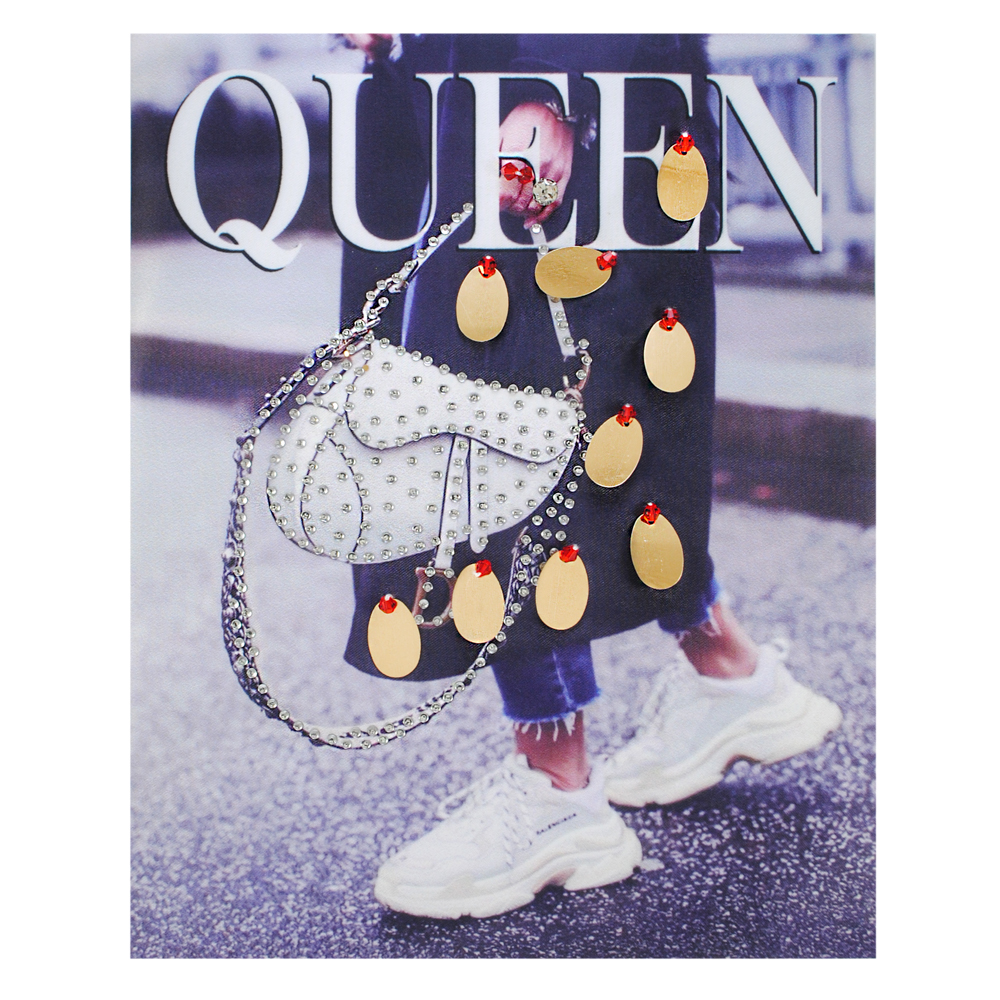 Аппликация пришивная с пайетками и стразами Девушка с сумкой QUEEN, 18*22,2см, фиолетовый, черный, белый, серый, золото, шт. Аппликации Пришивные Ткань, Органза