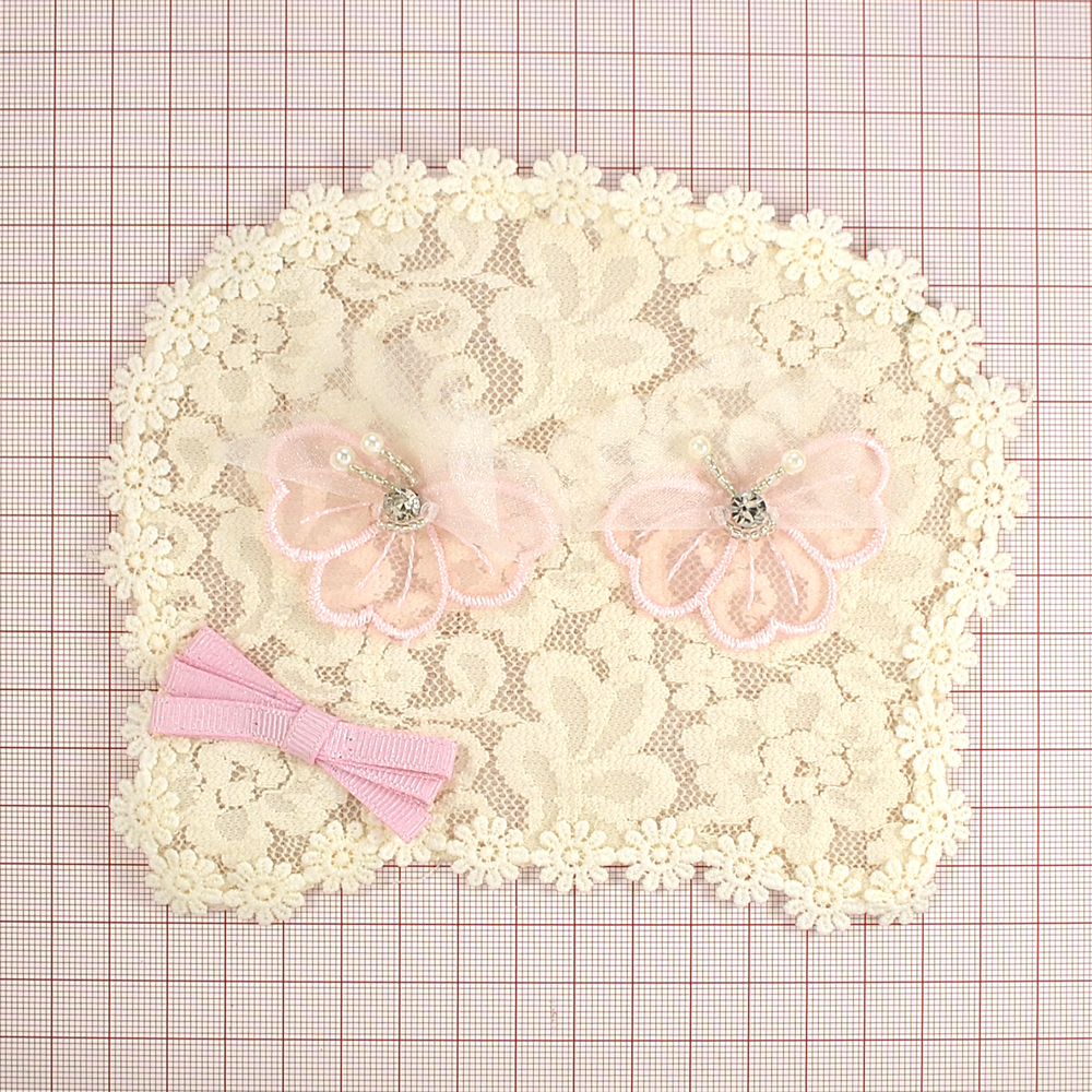 Аппликация кружевная пришивная Совенок 13*14см, кремовая, розовая, цветочки, бантик, жемчуг, кружево. Аппликации Пришивные Кружевные Вязаные
