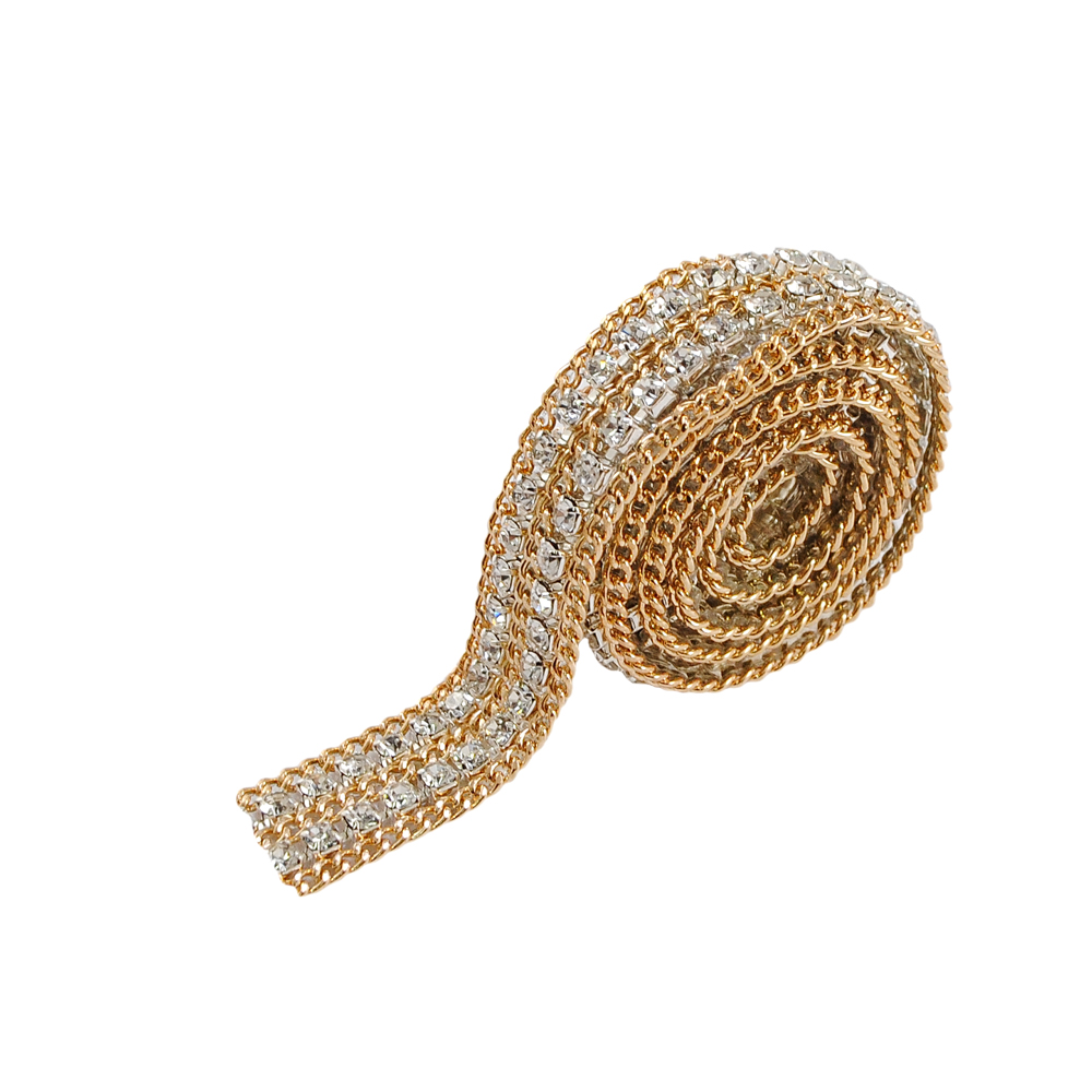 Тесьма стразы клеевые 13мм цепь GOLD, кристалл камни, ярд. Тесьма из страз