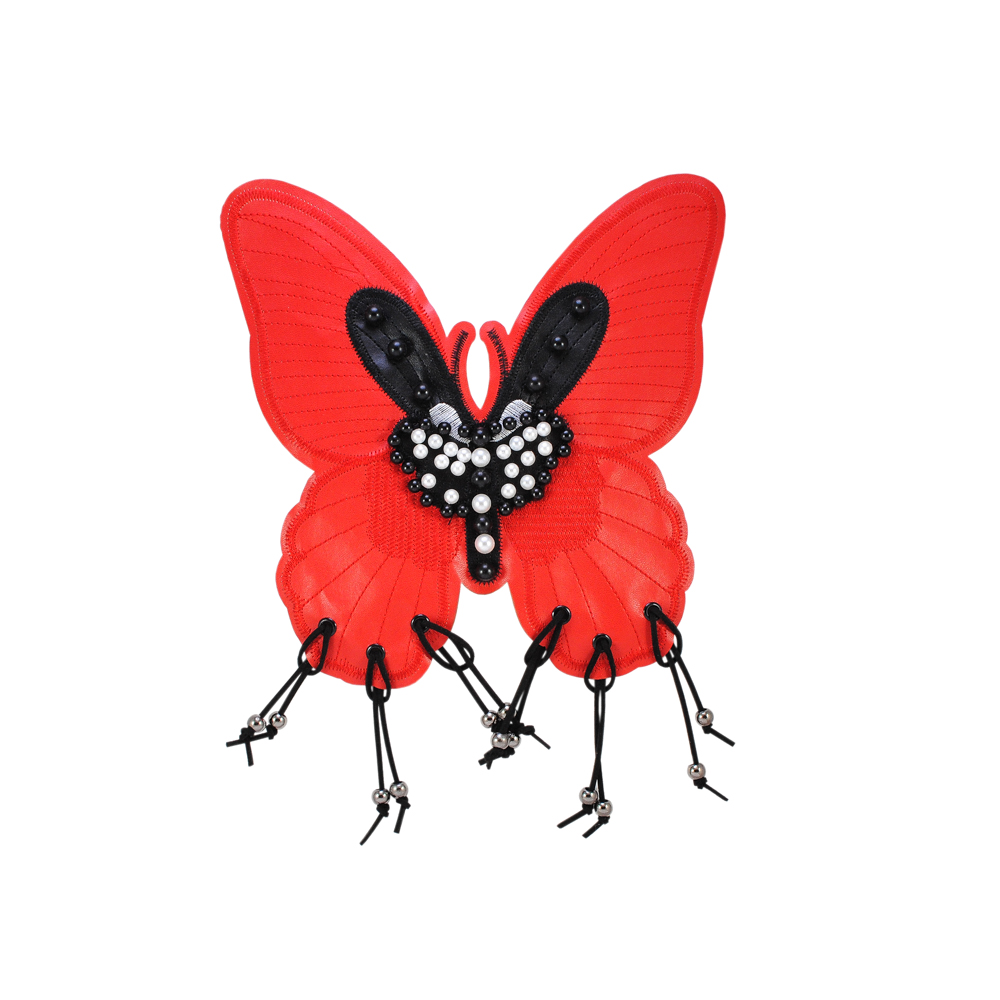 Аппликация кожзам пришивная  Бабочка с подвесками 19,5*29,5см, красный, черный, белый, black nikel, шт. Нашивка Кожзам