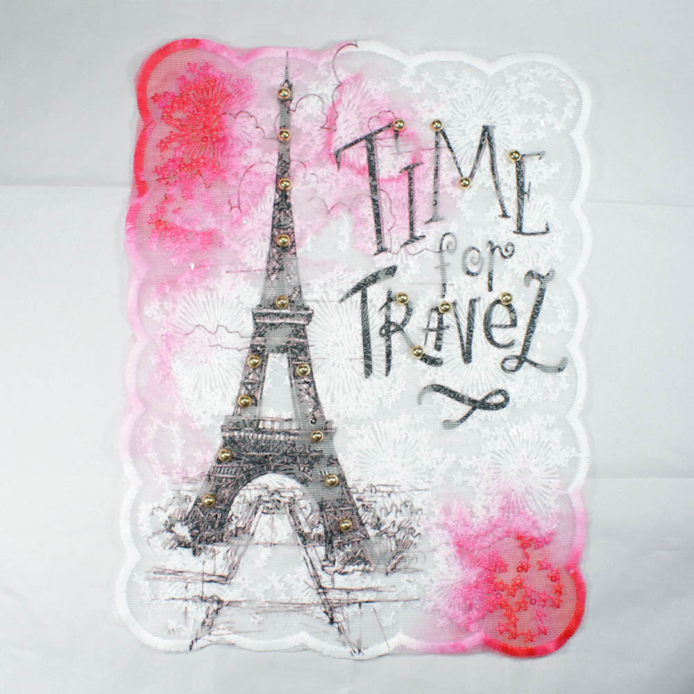Аппликация пришивная Кружево Эйфель Time for travel 27*19,5см, черные буквы, золотые бусины, шт. Аппликации Пришивные Постер