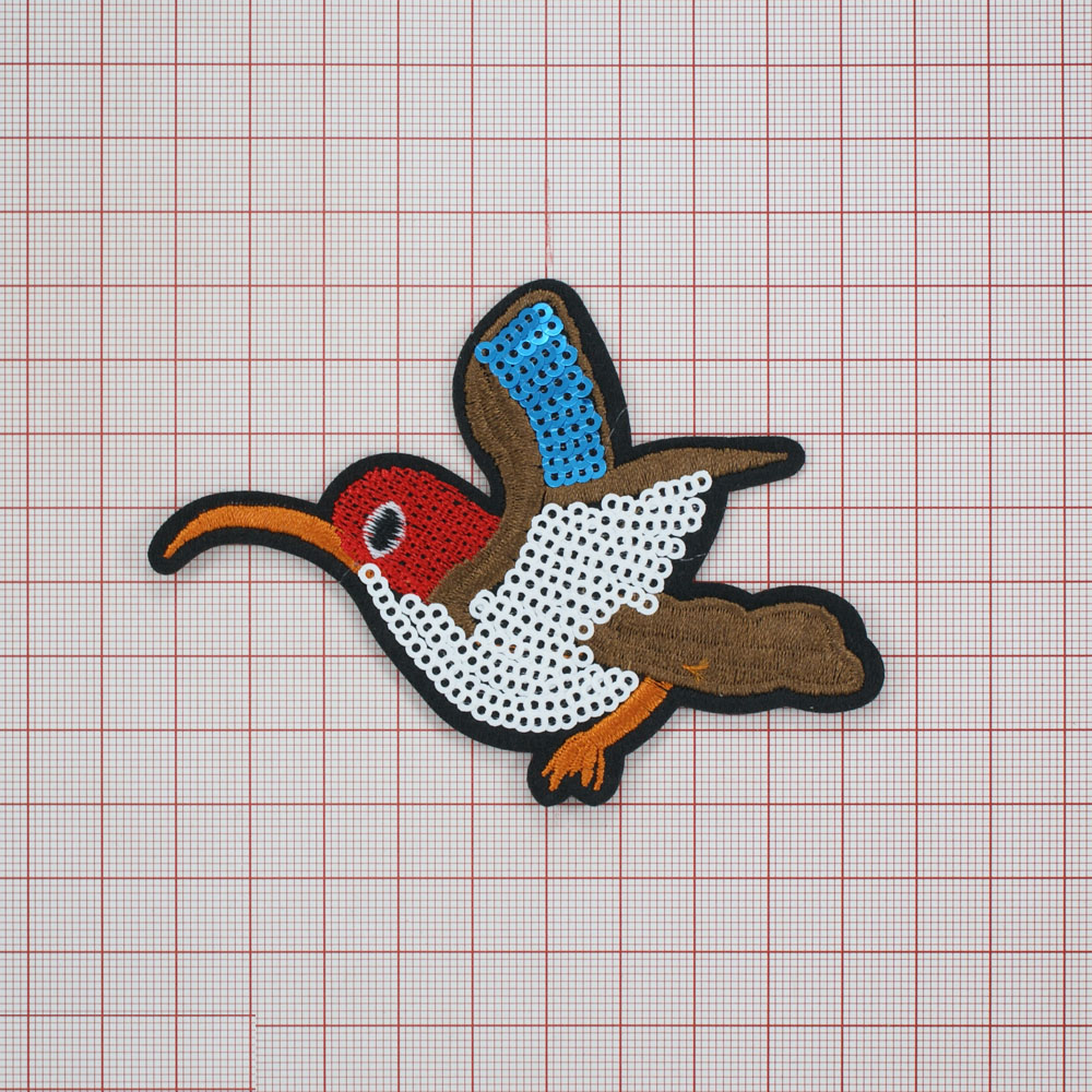 Аппликация клеевая пайетки Колибри 10*7см черный, коричневый, оранжевый, красный, белые и синие пайетки, шт. Аппликации клеевые Пайетки