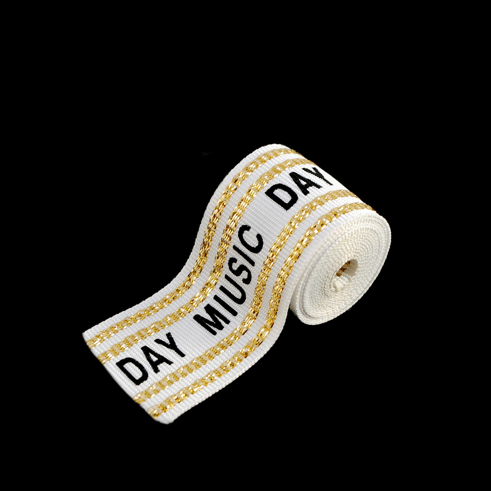 Тесьма тканевая пришивная MIUSIC DAY 3см, белый, черный, золотой люрекс, 50ярд. Тесьма