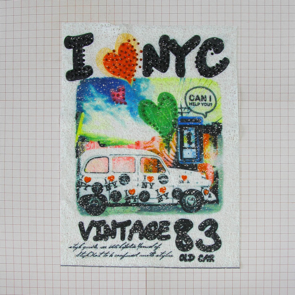 Аппликация пришивная стразы Машина Vintage83 (#134839) 31*23см., белая, цветной рисунок, стразы красно-черные, шт. Аппликации Пришивные Постер