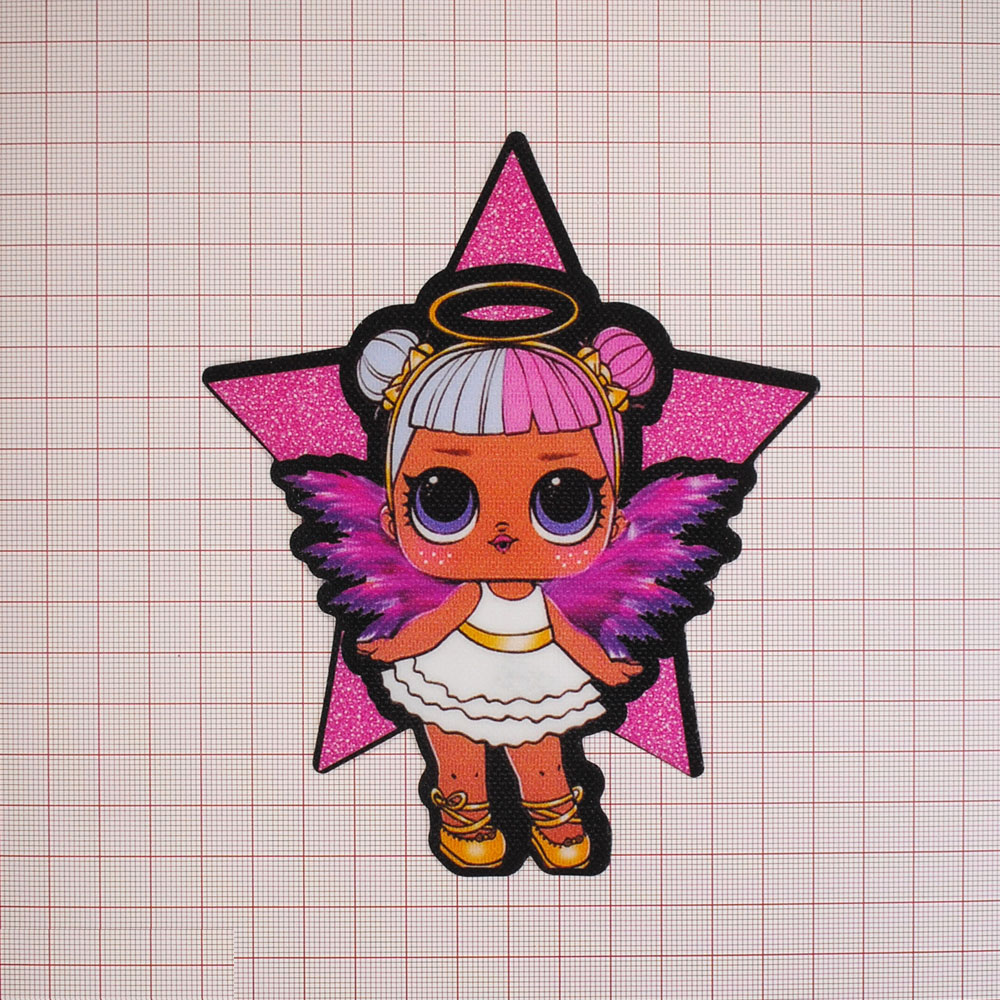 Нашивка глиттер Кукла L.O.L. (Star Angel) 14.5*12см розово-белая, шт. Нашивка Глиттер