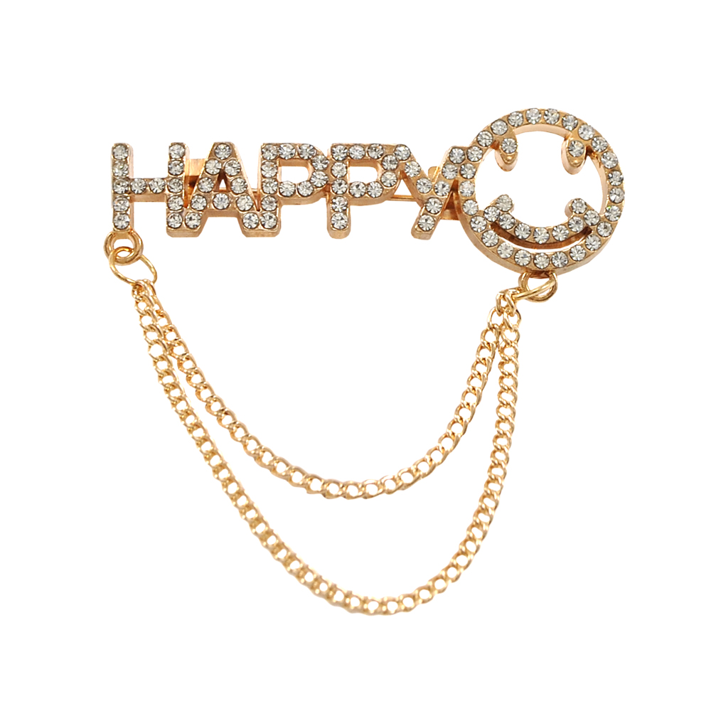 Брошь Happy Смайл, 5*5,5см, золото, стразы, цепь, шт. Броши