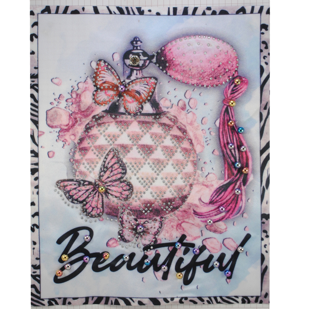 Аппликация пришивная со стразами и жемчугом Духи Beautiful, 25*20,2см, черный, белый, розовый, шт. Аппликации Пришивные Ткань, Органза