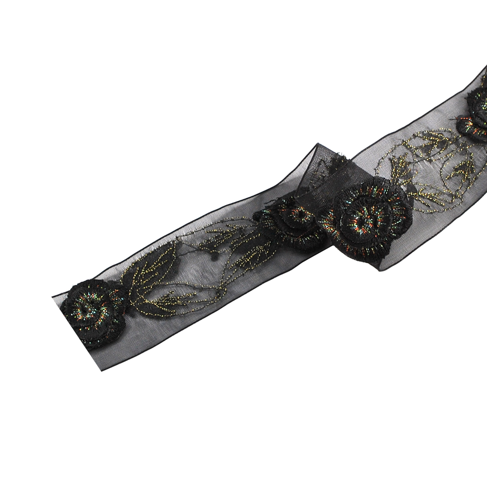 Тесьма 3,5см, органза черная, вышивка-черная роза, люрекс, м. Отделка Тесьма