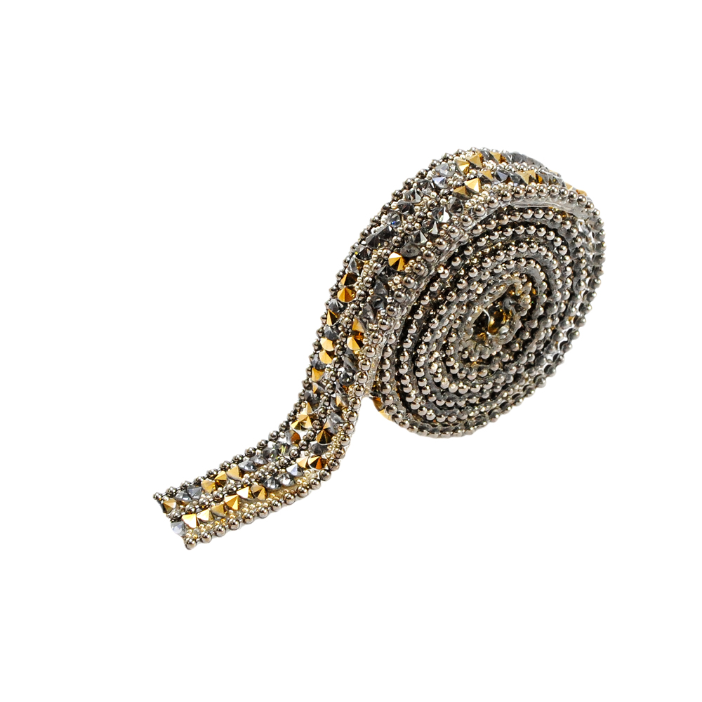 Тесьма стразы клеевые 10мм цепь black nikel, графит-золото камни, ярд. Тесьма из страз