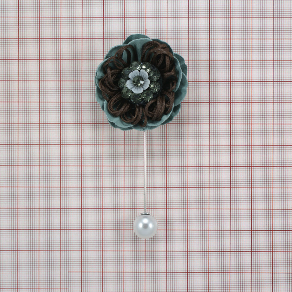 Булавка Пион, 9,5см, никель, серо-зеленый, светло-зеленые камни, белый жемчуг, шт. Булавки