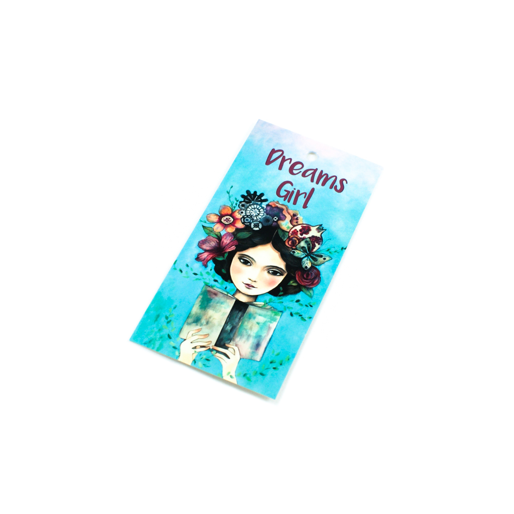 Этикетка бумажная Dreams girl, 50*100мм Девушка в венке с книжкой, шт. Этикетка бумага