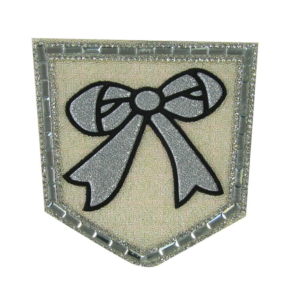 Аппликация клеевая стразы карман Бантик светло-желтый хамелеон, серебро, черный замш, белые камни, 9*9см, шт. Аппликации клеевые Стразы комб.