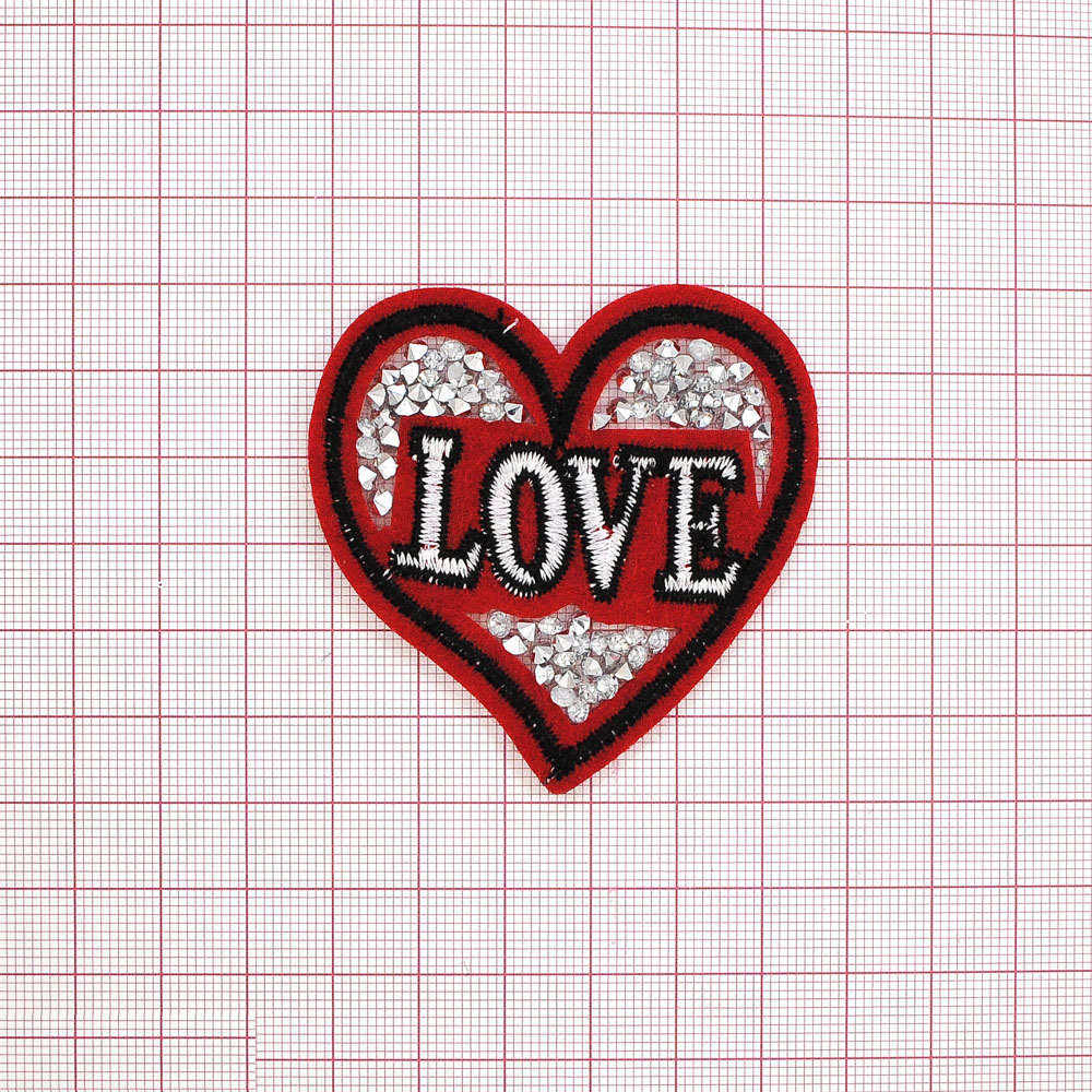 Аппликация клеевая стразы Сердечко LOVE 6*6см красный, белый, черный, камни белый, шт.. Аппликации клеевые Стразы комб.