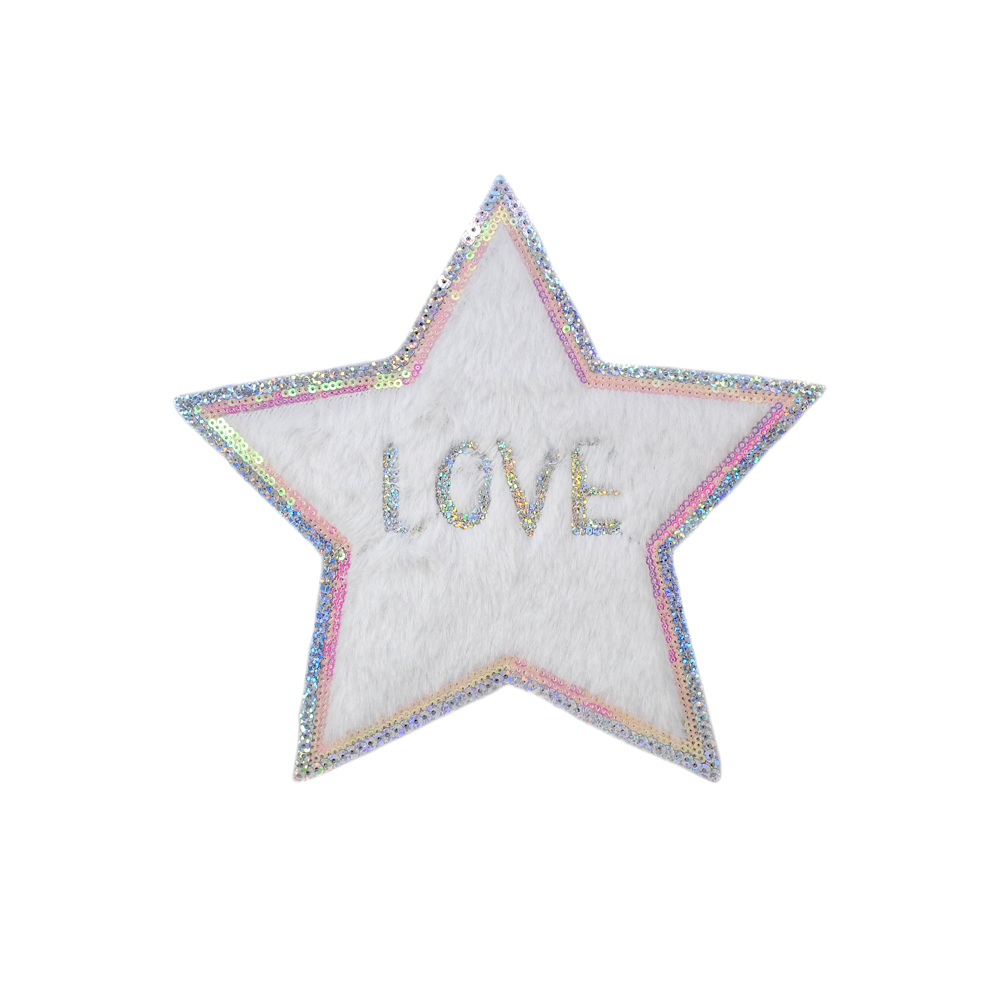 Аппликация пришивная пайетки и мех Звезда LOVE, 22*23,5см, белый, розовые и голографические пайетки, шт. Аппликации Пришивные Мех Флок