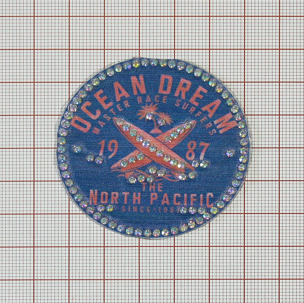 Аппликация клеевая кожзам стразы Ocean Dream 59мм синий, коралловый рисунок, золото камни, шт. Аппликации клеевые Кожзам
