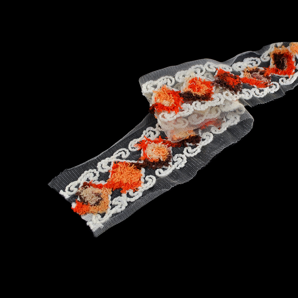 Отделка Ромбы, 7см, фатин белый, нитка мулине белая, цветы коричнево-оранжевые, м. Отделка Тесьма