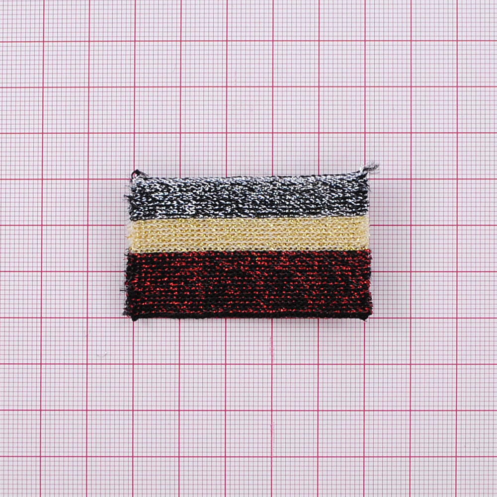 Тесьма лампасная Полоски, 3,5см, серебряный и красный люрекс, бежевый, ярд. Тесьма