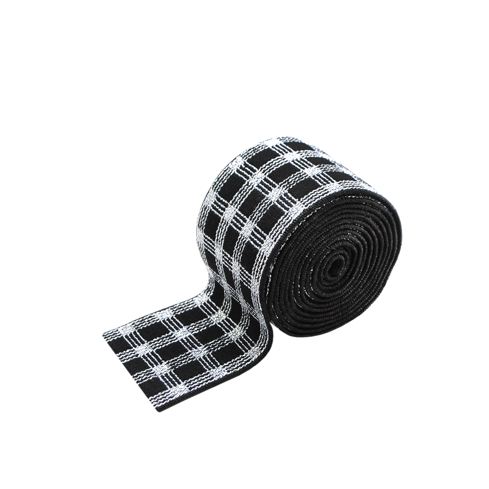 Резинка люрекс Клетка 4см, черный, серебряный люрекс, 50ярд. Резинка