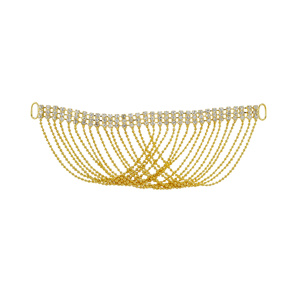 Укр.стекл.  9880 перетяж. 3,8*1,7см GOLD, 32*3 мелк.бел.камни, 16тонких сплетен.цепочек. Перетяжка металл со стразами
